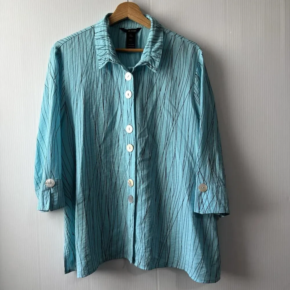Ali Miles PXL Women’s Turquoise Abstract Stripe Button Front 3/4 Sleeve Blouse